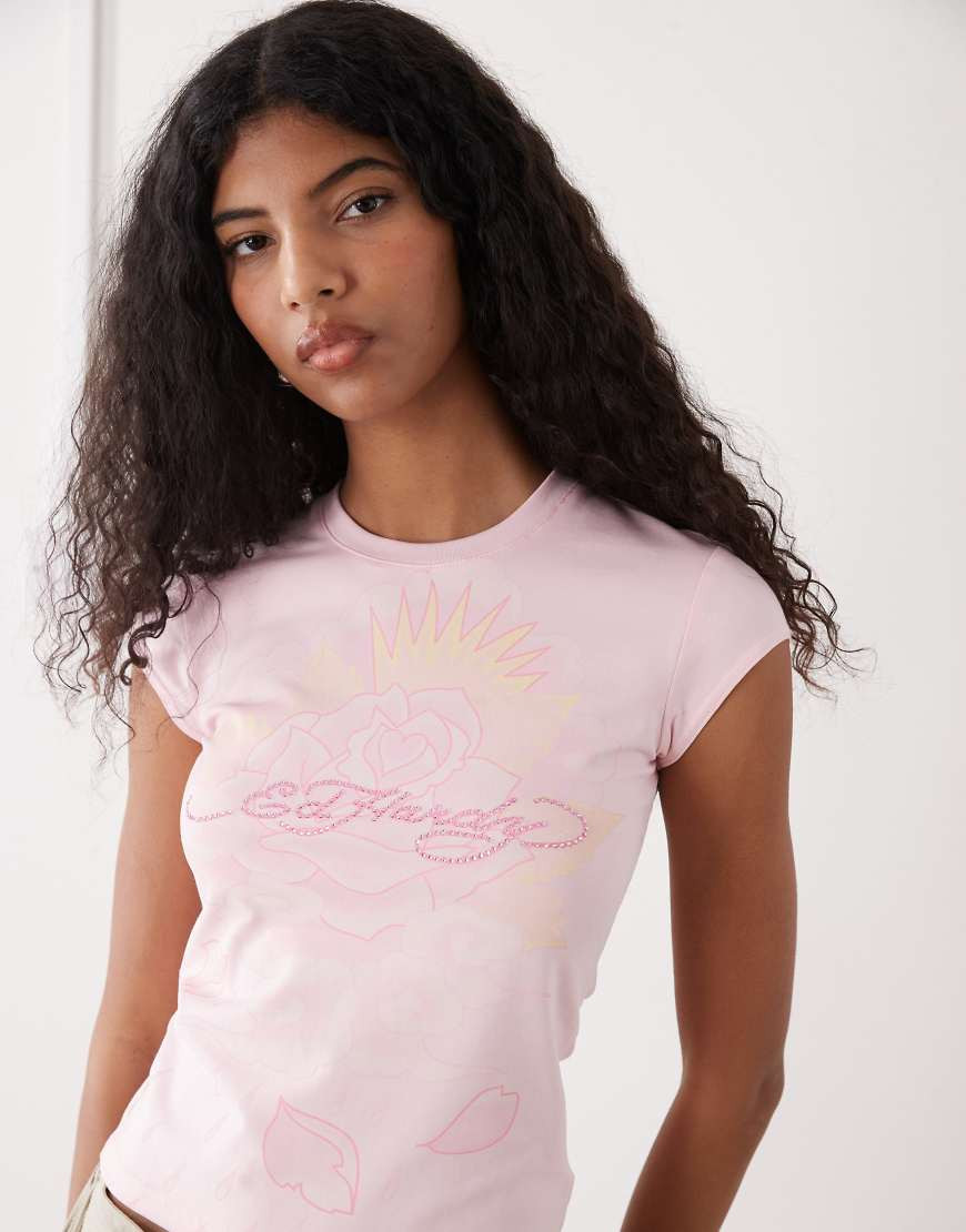 Ed Hardy rainbow and sunshine diamante cap sleeve t-shirt in pink | ASOS (Global)