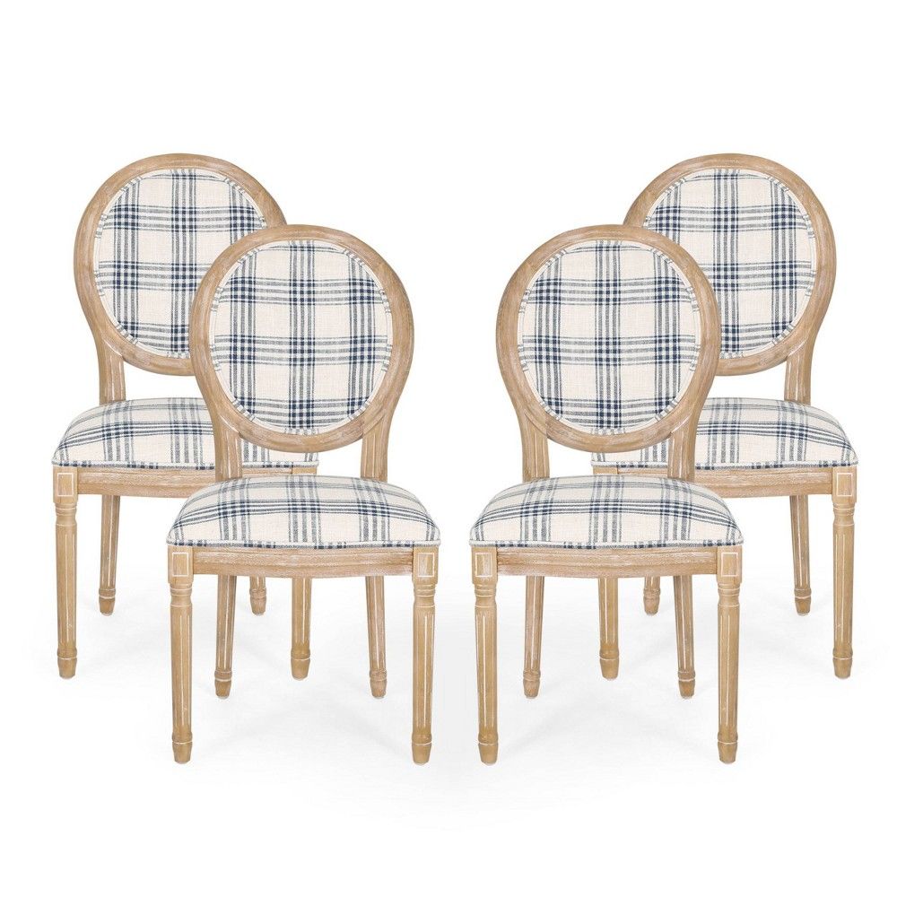 Set of 4 Phinnaeus French Country Fabric Dining Chairs Dark Blue Plaid/Light Beige - Christopher Kni | Target