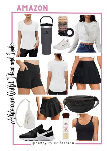 Amazon athleisure looks and outfit ideas. These all come in a wide variety of colors besides just black or white! Workout crop top, one-piece athleisure fit, athletic shorts, athletic skorts, bum bag, crossbody bag, Nike workout shoes, Nike running shoes, white sneakers, white tennis shoes, neutral white sneakers, comfy white sneakers, white walking shoes, white walking sneakers, affordable black sunglasses, Stanley 30 oz tumbler, Stanley workout tumbler, black bum bag, black fanny pack, black belt bag, cute athleisure, affordable athleisure 

#LTKStyleTip #LTKActive #LTKFitness