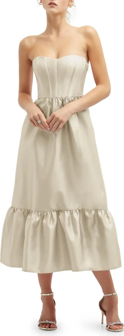 Corset Ruffle Hem Strapless Satin Midi Dress | Nordstrom
