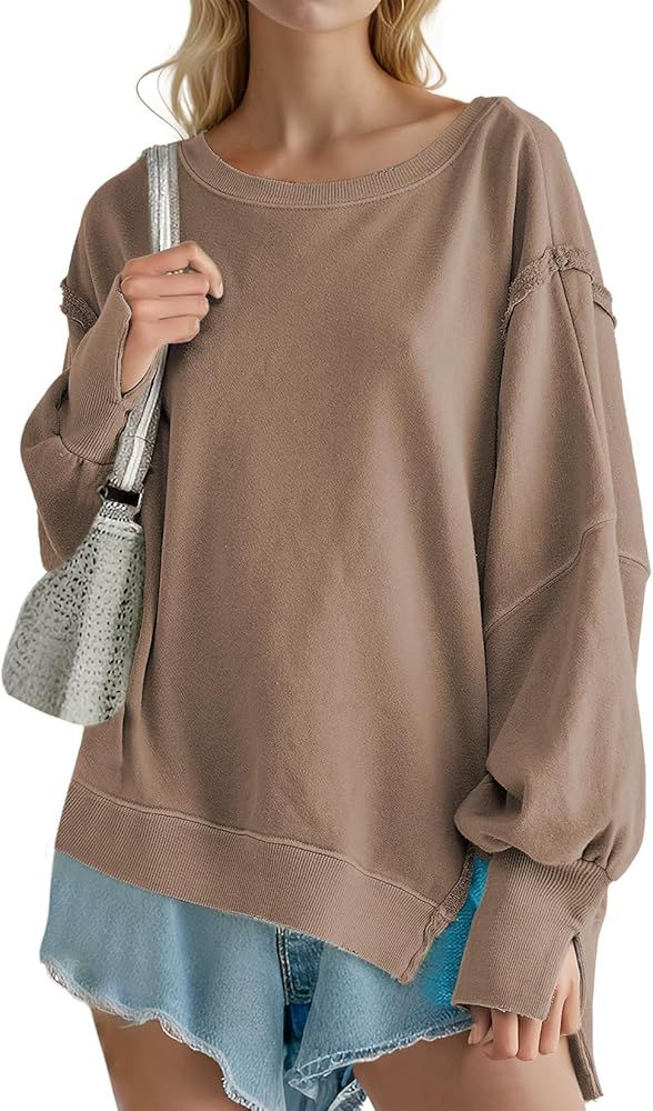 MaLinfandor Women's Oversized Sweatshirt Crewneck Long Sleeve Side Split Pullover Shirts Tops Fall S | Amazon (US)