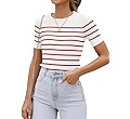 ZESICA Women's Short Sleeve Crewneck Striped T Shirt 2025 Summer Ribbed Knit Slim Fit Casual Basi... | Amazon (US)