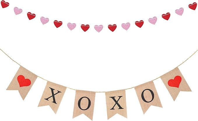 MALLMALL6 XOXO Burlap Banner Valentine's Day Banner with Pink Red Glittery Heart Garland No DIY V... | Amazon (US)