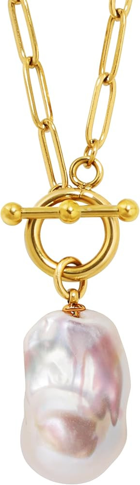 Paperclip Pearl Necklace for Women Baroque Pearl with 18K Gold Toggle Necklace Paperclip Pearl Pe... | Amazon (US)