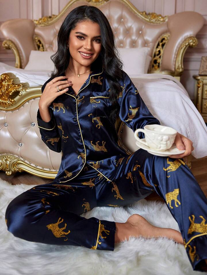 LuxeNights Leopard Print Contrast Piping Satin PJ Set / Pajama Set | SHEIN