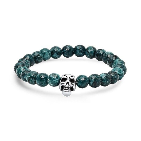 Steeltime Men's Diluted Green Agate Beaded Bracelet With Stainless Steel Skull | Bed Bath & Beyond