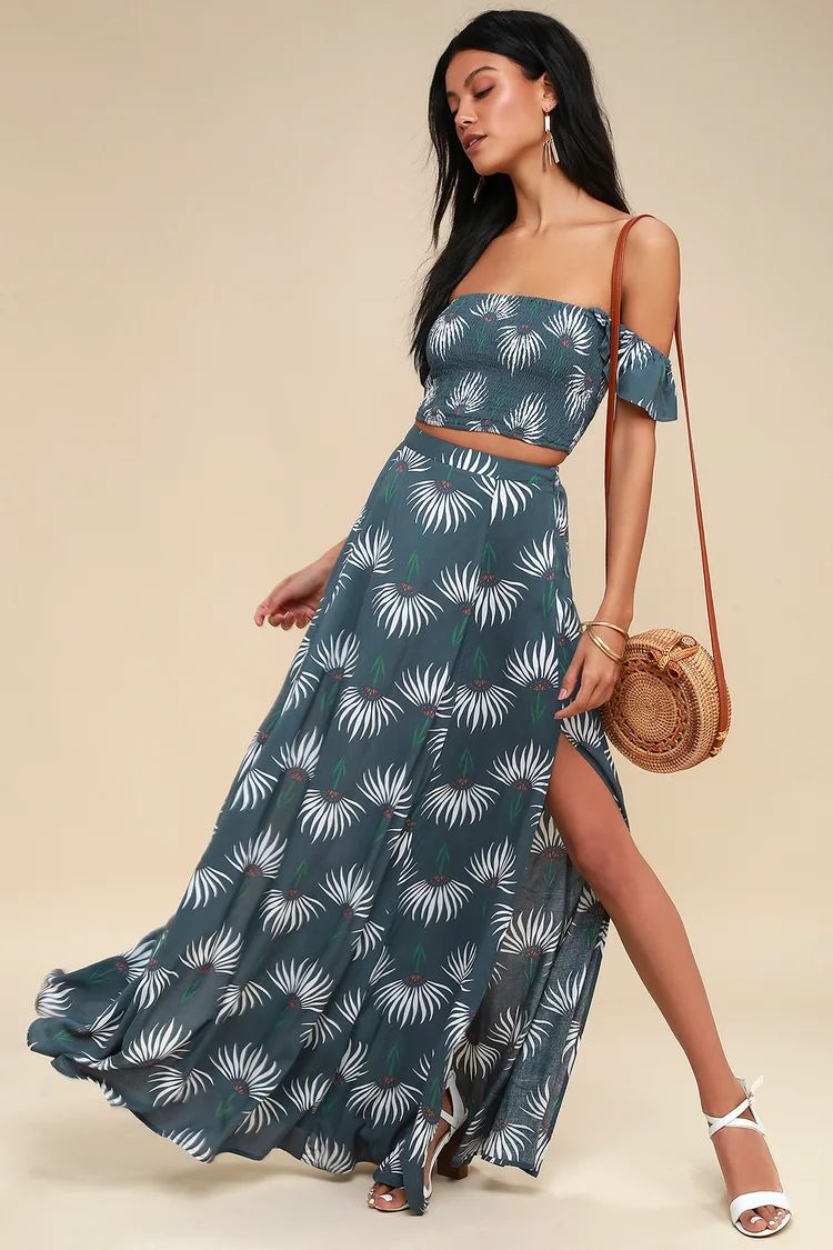 Trancoso Dusty Blue Floral Print Two-Piece Maxi Dress | Lulus (US)