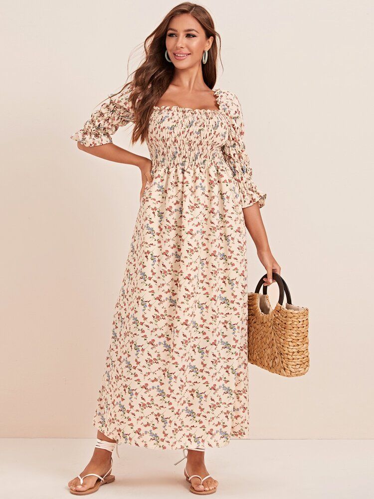 Square Neck Shirred Ditsy Floral A-line Dress | SHEIN