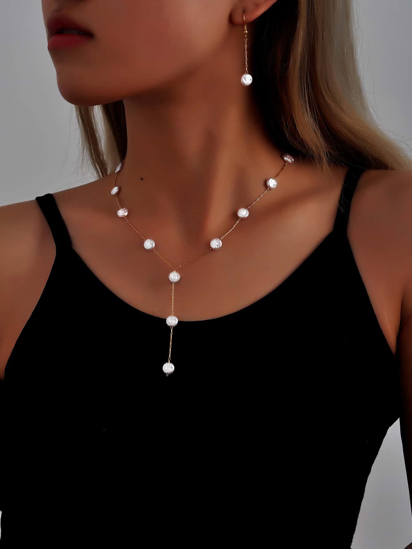 Faux Pearl Decor Y Lariat Necklace & Drop Earrings | SHEIN
