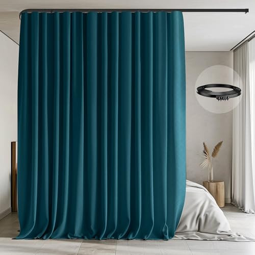 Room Divider Curtains with Flexible Ceiling Tracks Set,Blackout Curtain Ceiling Mount Curtain Track Privacy Room Dividers Ceiling Track Curtain Rod(Azure Blue Drape & Black rail W 10 × H 8 FT) | Amazon (US)