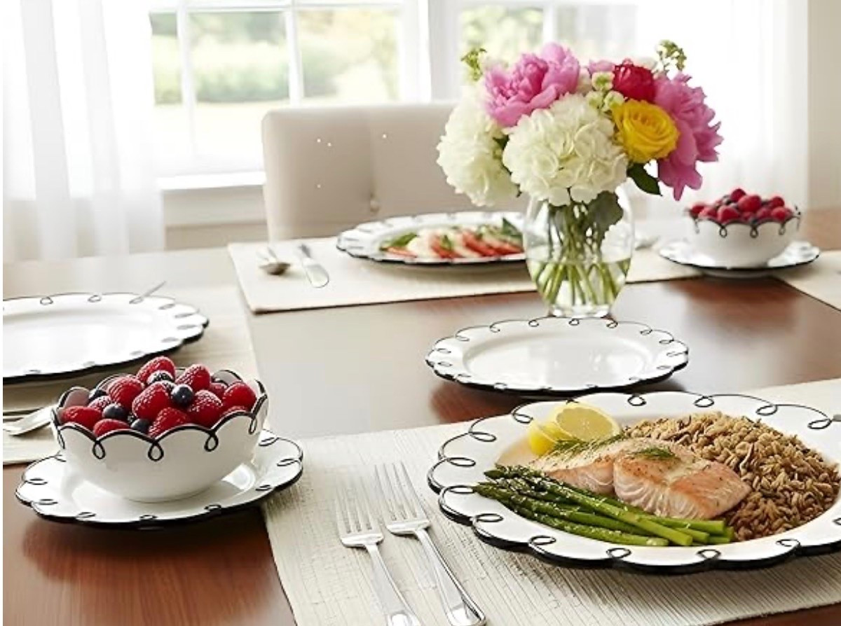 12-Piece Earthenware Dinnerware Set for 4, Glossy White Plates and Bowls Sets with Black Scalloped Rims

#LTKMothersDay #LTKfoodie #LTKHome