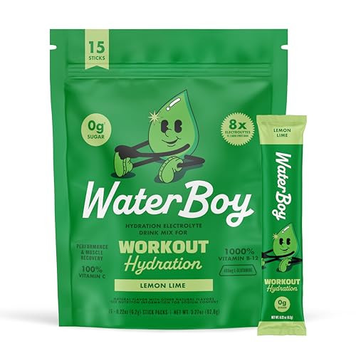 Waterboy Workout Hydration | 2,960mg Sugar Free Electrolyte Powder Packets | L-Glutamine + Vitamins | No Sugar, All Natural, Gluten Free | 15 Drink Stick Mixes (Lemon Lime) | Amazon (US)