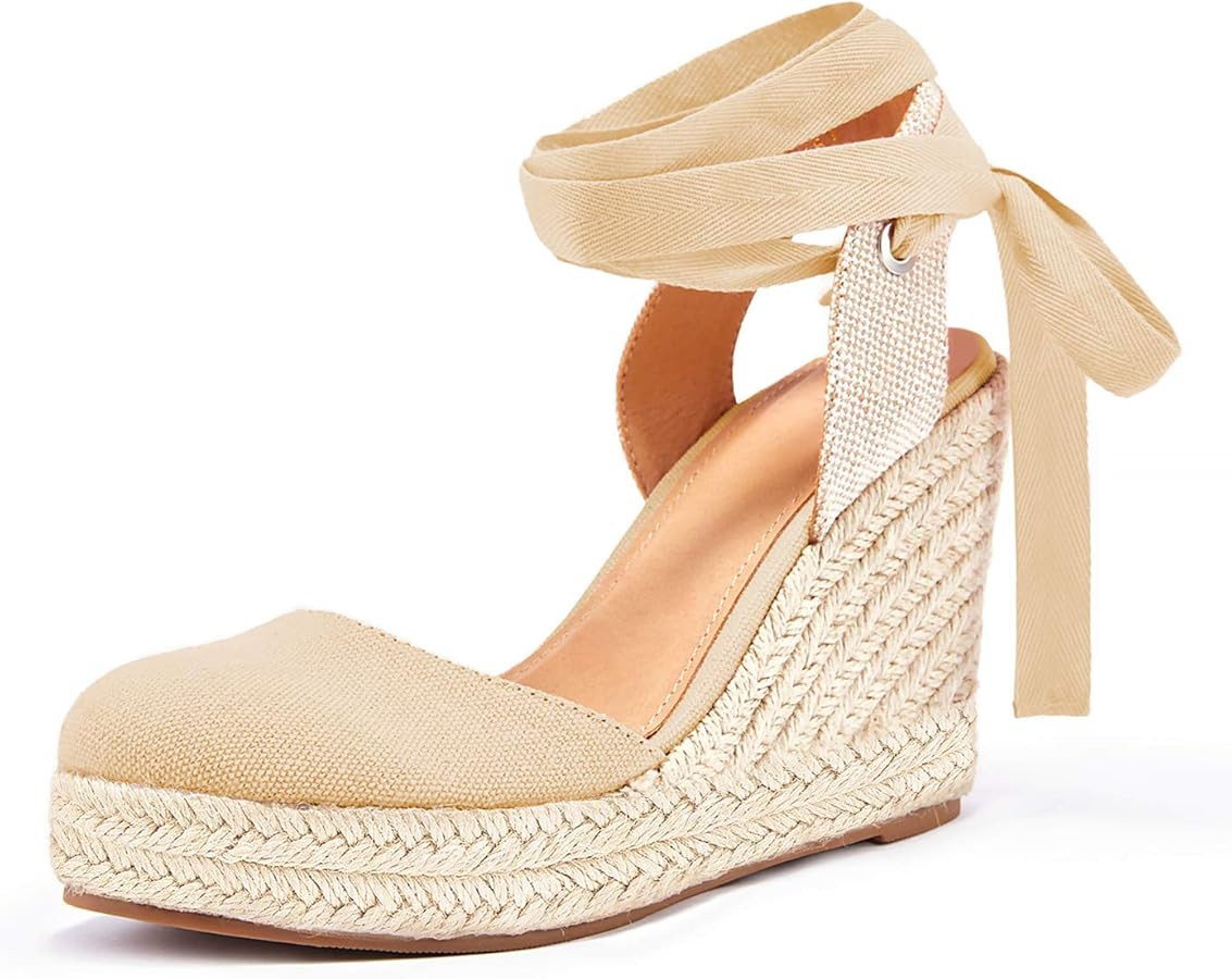 FISACE Womens Summer Espadrille Heel Platform Wedge Sandals Ankle Buckle Strap Closed Toe Shoes | Amazon (US)