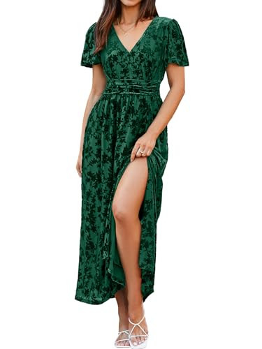 Simplee Women's Floral Velvet Maxi Dress V Neck Short Sleeve Elegant Long Formal Wedding Guest Dresses (Green M) | Amazon (US)