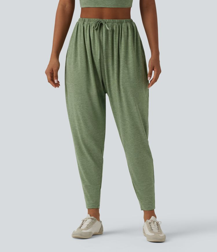 Women’s High Waisted Drawstring Heathered Casual Harem Pants with Pockets - Halara | HALARA
