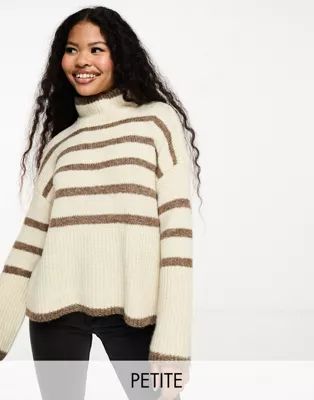 Vero Moda Petite high neck oversized stripe jumper in cream and brown | ASOS (Global)
