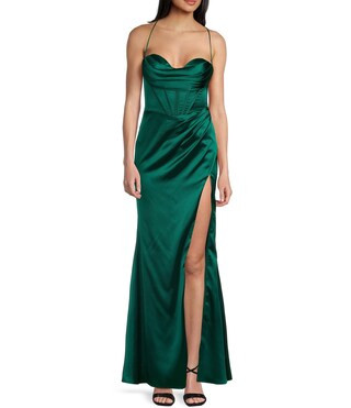 GB Social Corset Cowl Neck Lace-Up Back Slit Hem Satin Long Dress | Dillard's | Dillard's