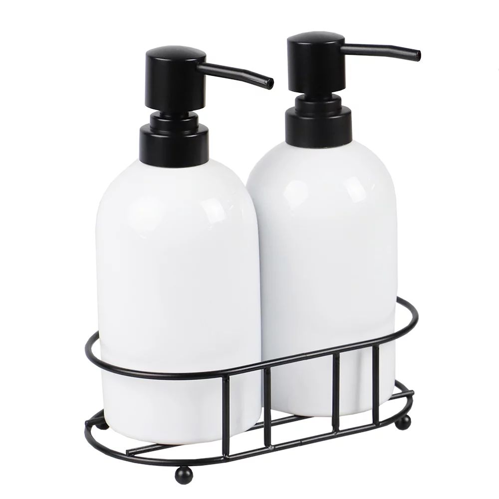 Home Basics 2 Piece Ceramic Soap Dispenser Set with Metal Caddy, White - Walmart.com | Walmart (US)