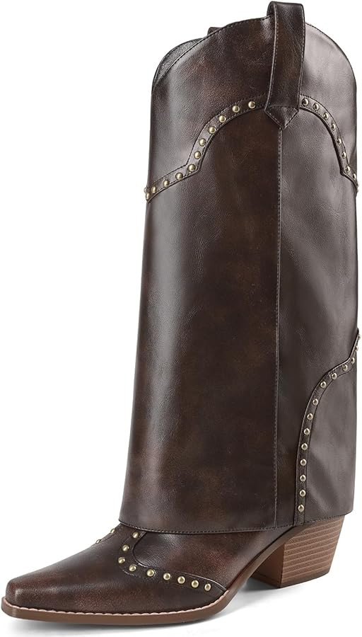 Women Shark Boots Fold Over Mid Calf Chunky Heel Snip Toe Cowboy Cowgirl Pull On Studded Boots fo... | Amazon (US)