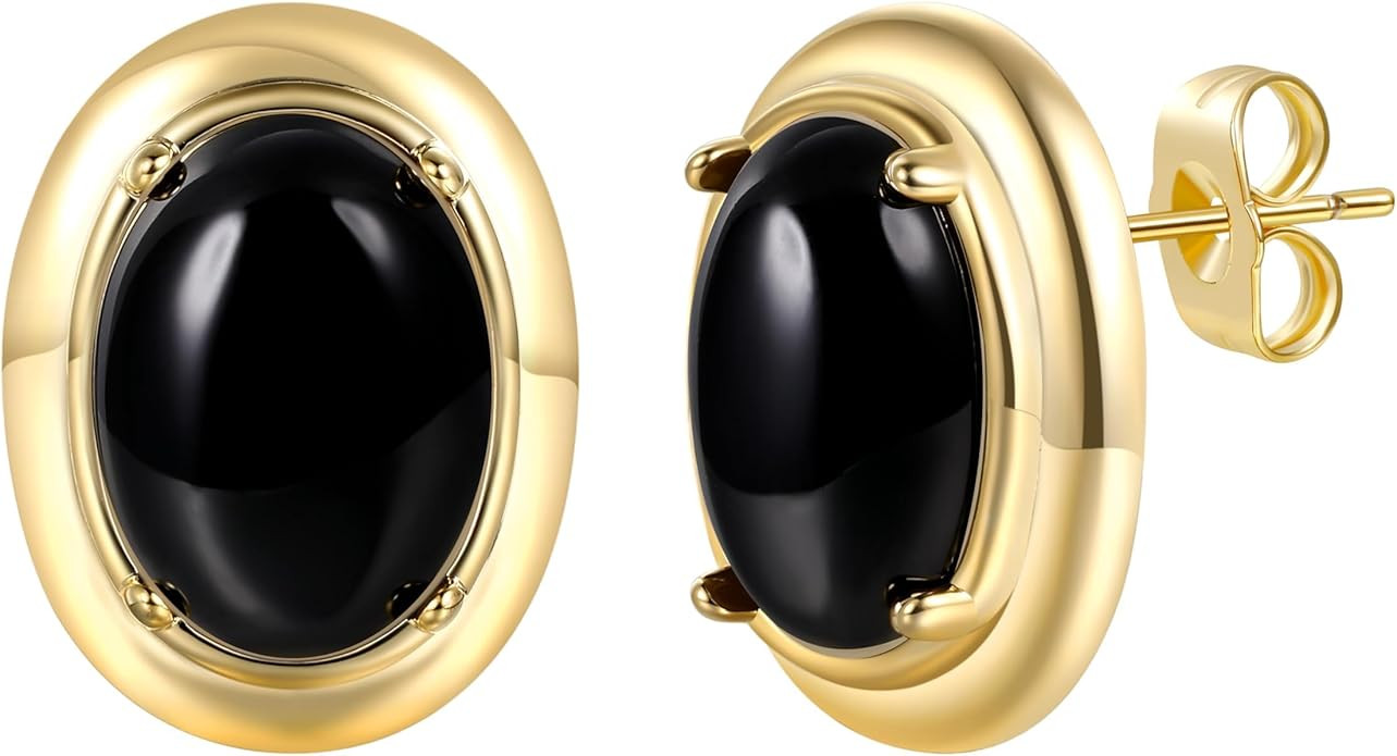 18K Yellow Gold Plated Oval Cut Emerald Agate Large Stud Earrings Ear Jewelry for Women | Amazon (US)