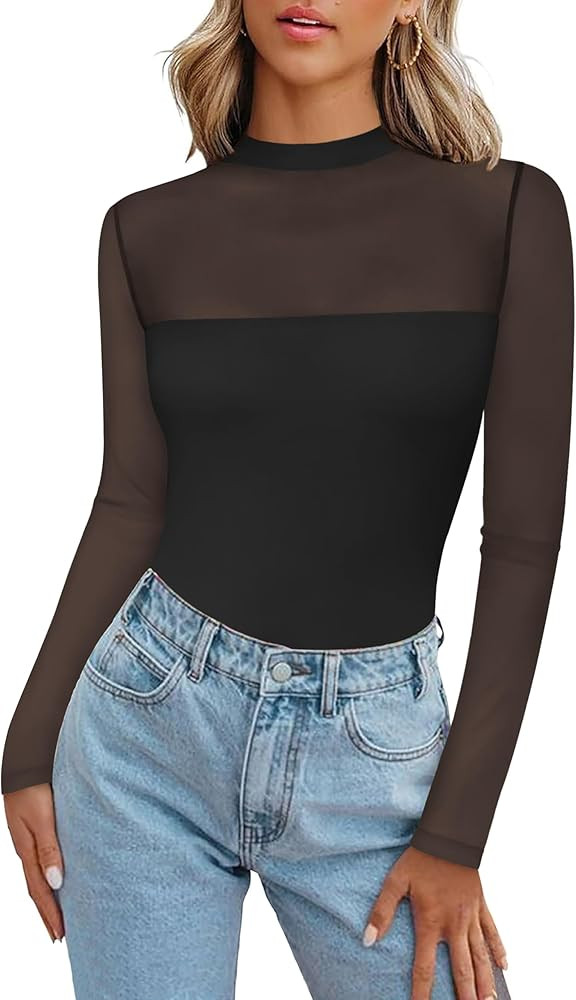 Zeagoo Long Sleeve Shirts for Women's Lace Tops Mesh Sheer Crew Neck Shirts Sexy Spring Going Out... | Amazon (US)