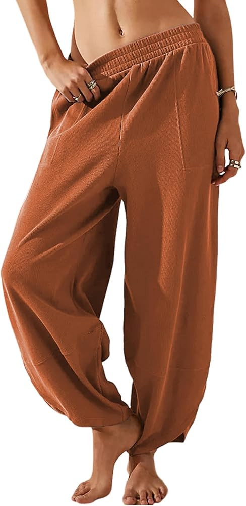 Himosyber Women Cotton Pants Wide Leg Pants Casual Loose Drawstring Low Waist Beach Palazzo Harem... | Amazon (US)