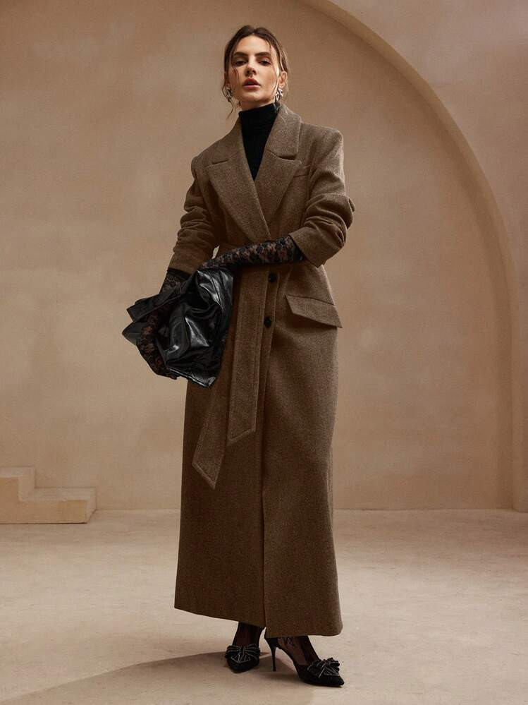 Anewsta Women's Elegant Belted Pocket Lapel Long Wool Blend Coat, Suitable For Fall, Autumn, Winter, Elegant, Chic, New Year, Casual, Christmas, Luxury | SHEIN