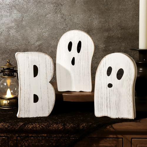 Treory Halloween Table Decorations Indoor: 3pcs Farmhouse Halloween Cute Ghost Decorations, Mini Black White BOO Wood Plank Signs, Rustic Tiered Tray Decor Wooden Ghost Desk Office Decor for Home Kids | Amazon (US)