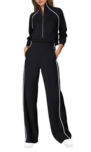 SENSERISE Womens Jumpsuits Casual Long Sleeve One Piece Jumpsuit Wide Leg Mock Neck Airport Travel Outfits with Pockets(Black,XS) | Amazon (US)