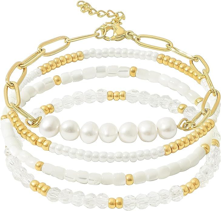 Dainty Gold Pearl Crystal Beaded Bracelets Set for Women 14K Real Gold Plated Bead Pearl Crystal ... | Amazon (US)