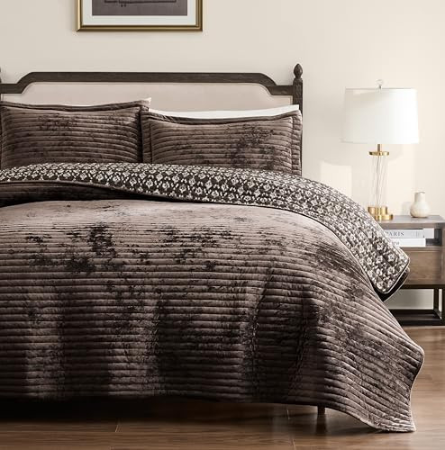 WDCOZY Velvet Queen Size Quilt Set - Chocolate Striped Soft Lightweight Bedspread, Dark Brown Neutral Channel Farmhouse Country Rustic Coverlet, Coffee Modern Bedding Warm Thin Comforter, 3 Pieces | Amazon (US)