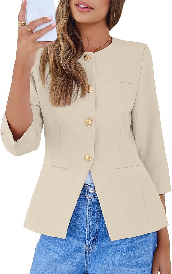 Simplee Womens Business Casual Blazers Spring Fashion Collarless Button Down 3/4 Sleeve Dressy Bl... | Amazon (US)