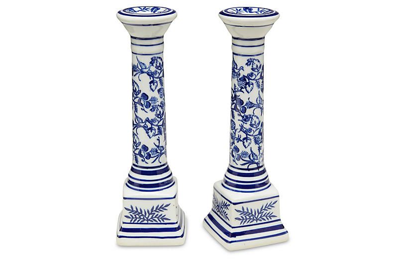 S/2 Floral Candlesticks, Blue/White | One Kings Lane