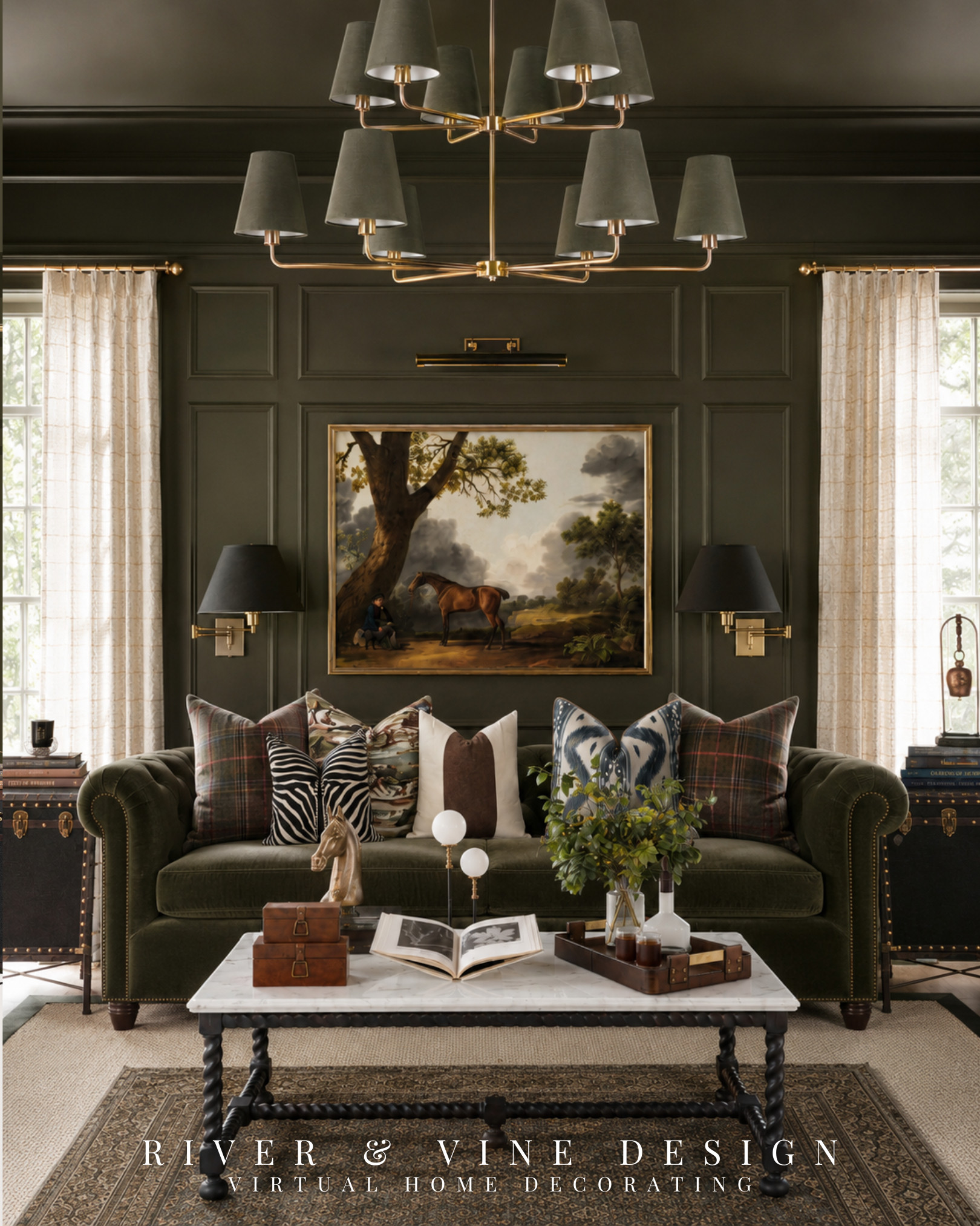 This is how you get the Ralph Lauren aesthetic without making your home feel themed: deep green velvet, antique-inspired horse art, tailored plaid, dark wood, aged brass and just enough animal print.

The mix is what makes this room feel so rich and collected. A classic Chesterfield sofa grounds the space, layered pillows make it inviting, and the marble coffee table adds contrast so the darker palette still feels polished. It’s timeless, comfortable and full of character—the kind of room you want to settle into and stay awhile.

Save this if you love equestrian interiors, English country homes and moody modern traditional design. Tap below to find the pieces for recreating this layered designer look in your own living room.

This post contains affiliate links, which means I may earn a commission from qualifying purchases at no additional cost to you.

#RalphLaurenHome #EquestrianDecor #EnglishCountryInteriors #TraditionalLivingRoom #CollectedHome 

 #LTKHome