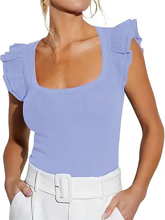 BONITEE Women Summer Ruffle Tops Sexy Square Neck Short Sleeve Shirts Trendy Casual Ribbed Slim F... | Amazon (US)