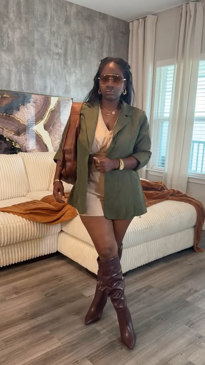 I love when a look comes together this well. Fall color tones, shorts with tall boots, oversized bags, brown tinted glass, khaki romper and green blazer

#LTKootd #LTKvlog #LTKgrwm