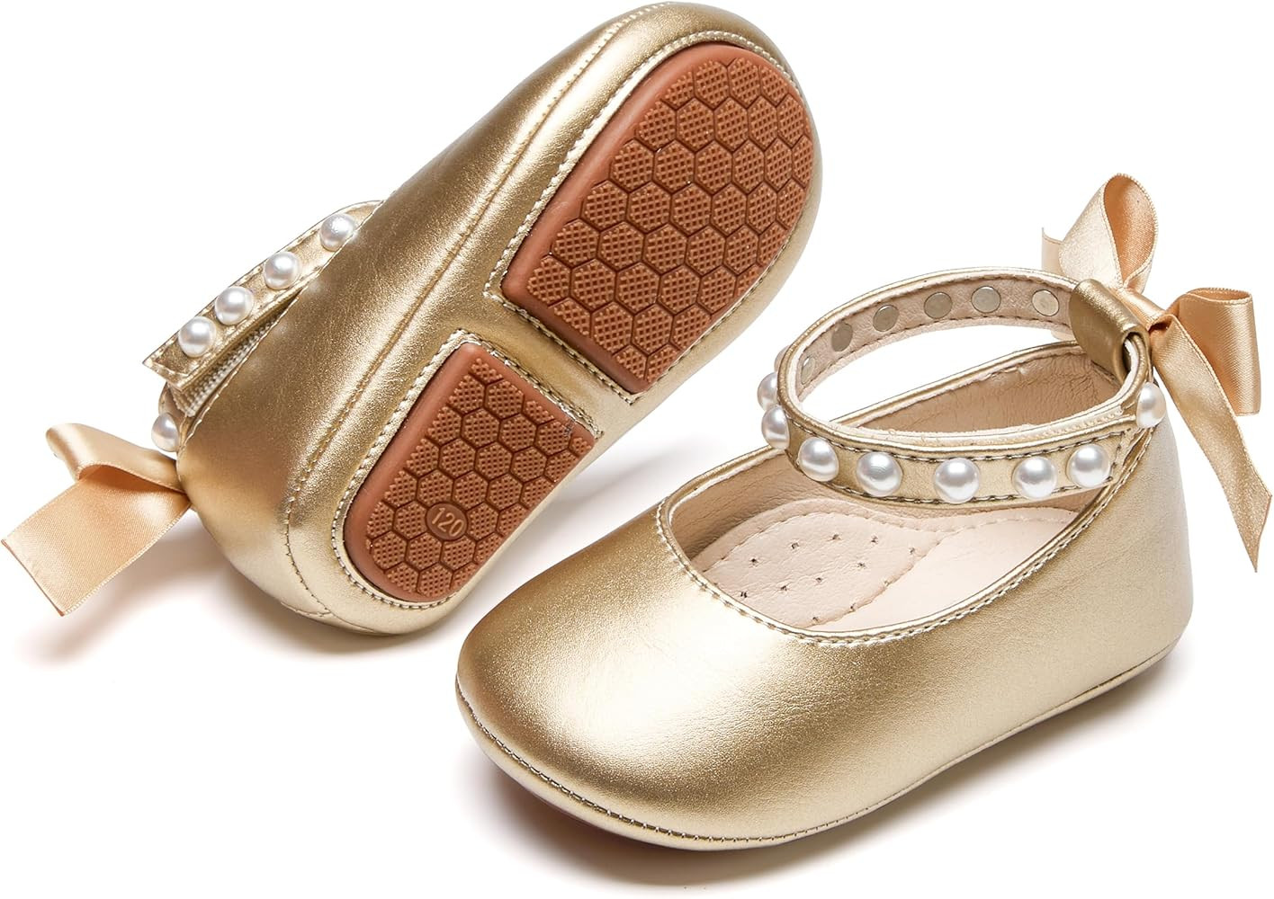 Baby Girls Mary Jane Flats - Infant Newborn Walking Shoes Soft Rubber Sole Princess Wedding | Amazon (US)