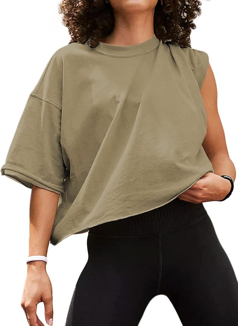 Women's Oversize Workout Crop Tops Short Sleeve Crewneck Drop Shoulder Boxy T Shirts Summer Casua... | Amazon (US)