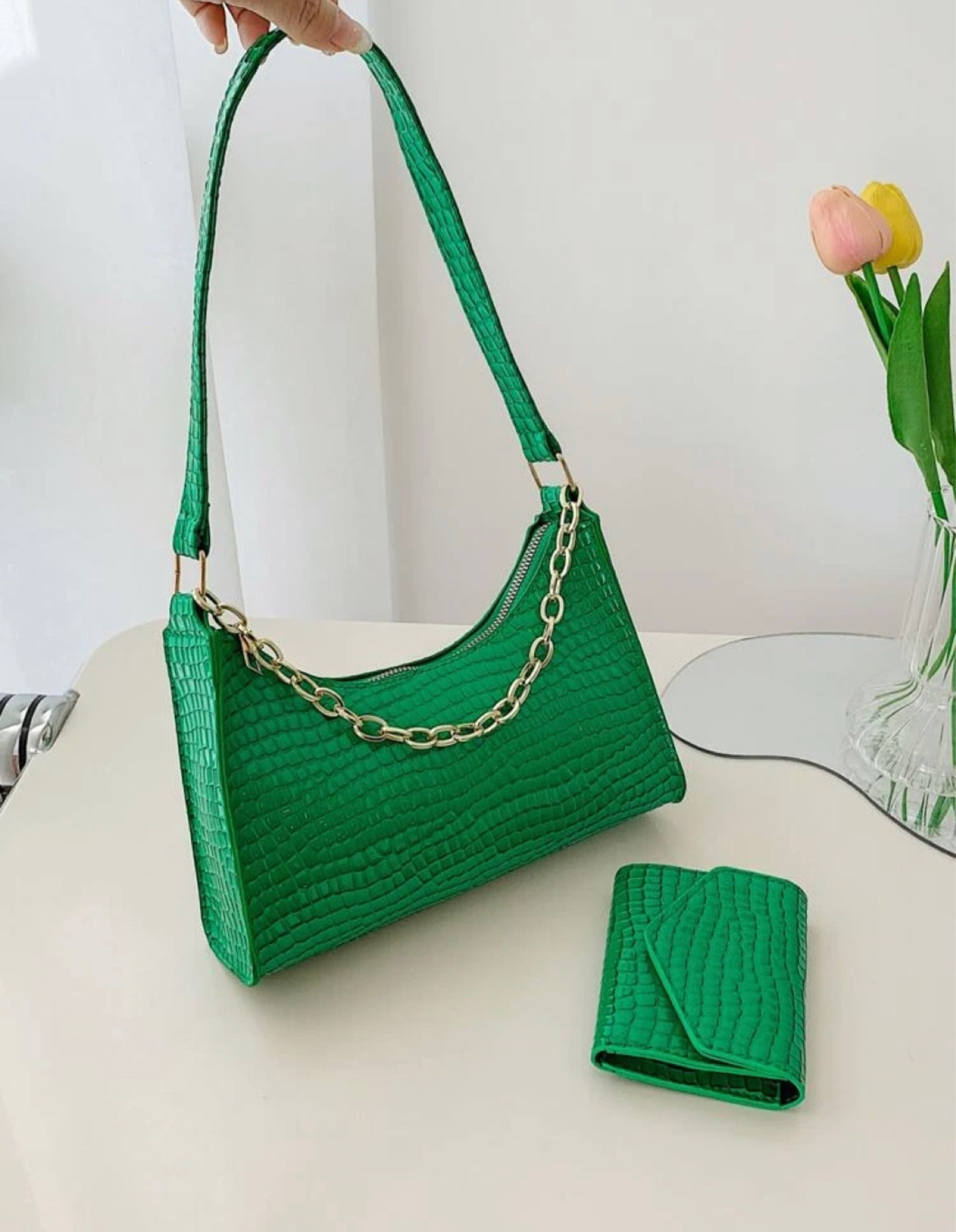 Green crocodile purse