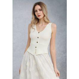 Cutout Back Buttoned Sleeveless Knit Top in White | Chicwish