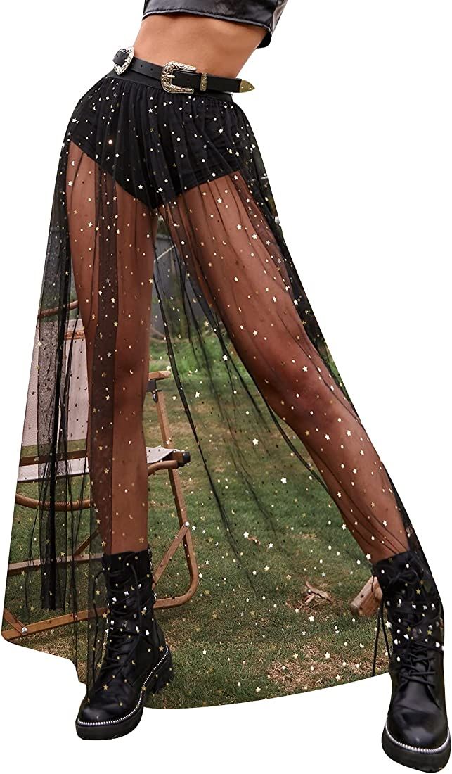 Floerns Women's 2 in 1 Sheer Mesh High Waist Galaxy Print A Line Maxi Skirt | Amazon (US)