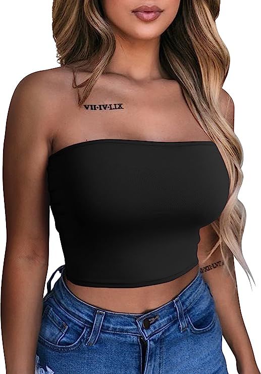 LAGSHIAN Women's Sexy Crop Top Sleeveless Stretchy Solid Strapless Tube Top Black at Amazon Women... | Amazon (US)