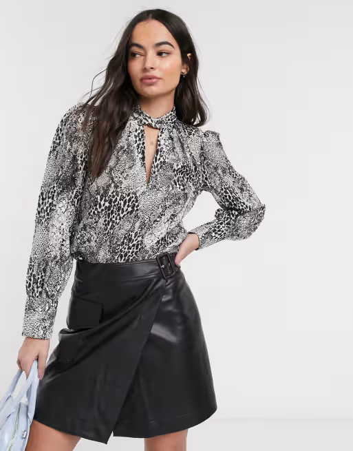 River Island animal print volume sleeve blouse in gray | ASOS US