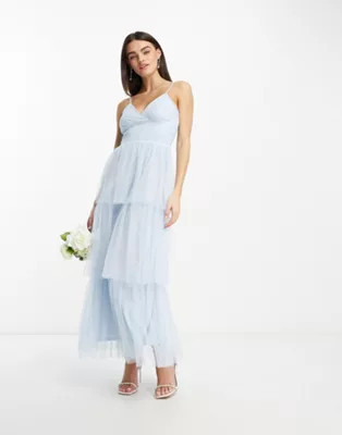 Vila Bridesmaid tulle textured maxi dress with tiered skirt in blue | ASOS (Global)