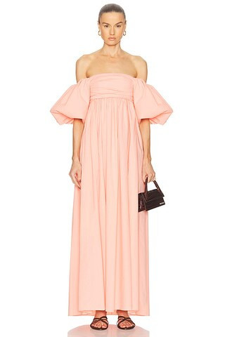 CAROLINE CONSTAS Emilia Ruched Empire Maxi Dress in Peach Pink - Blush. Size S (also in XS). | FWRD 