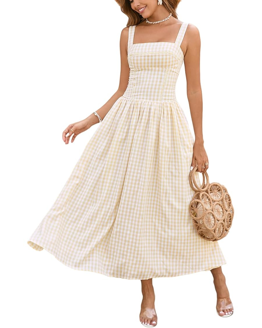 XinFSh Women's 2025 Summer Boho Midi Dress Plaid Square Neck Smocked Dresses Casual Flowy Beach V... | Amazon (US)