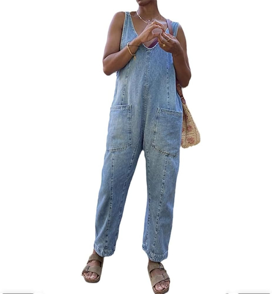 Women Casual Jumpsuit V-neck Adjustable Straps Pockets Relaxed Denim Overalls Streetwear | Amazon (US)