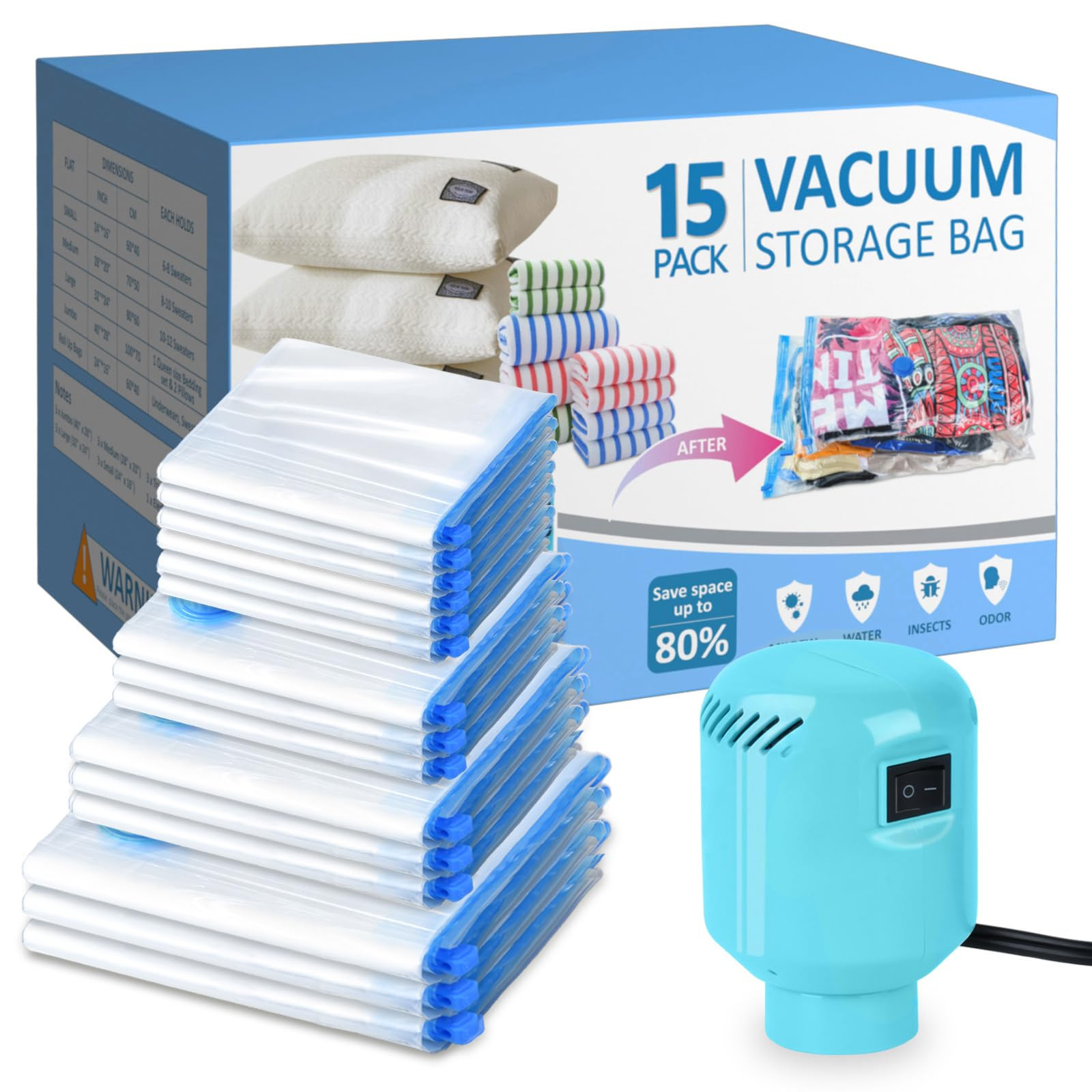 Vacuum Seal Bags for Clothing with Electric Pump, 15 Pack (3 Jumbo 3 Large 3 Medium 3 Small 3 Rol... | Amazon (US)