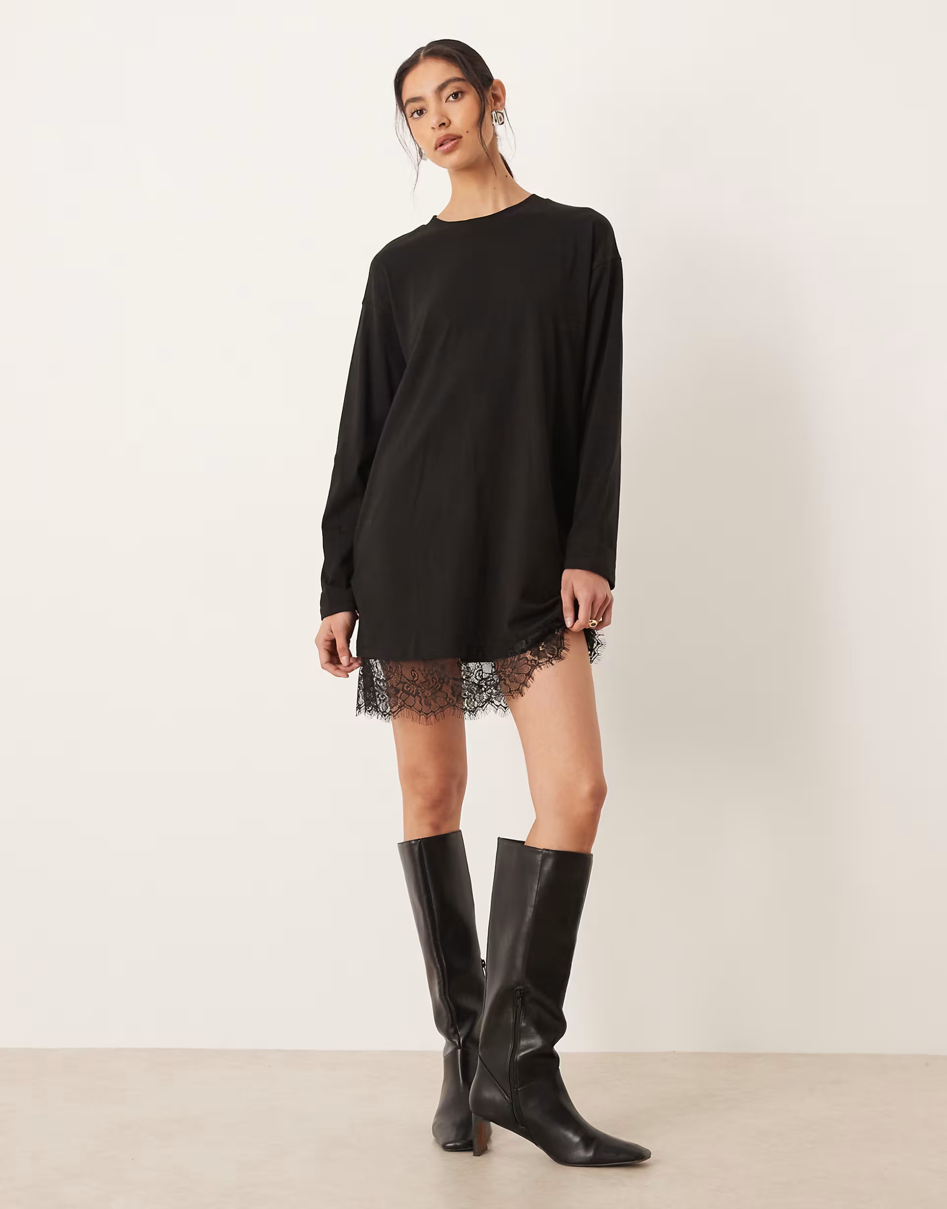 ASOS DESIGN long sleeved t-shirt dress with lace trim in black | ASOS | ASOS (Global)