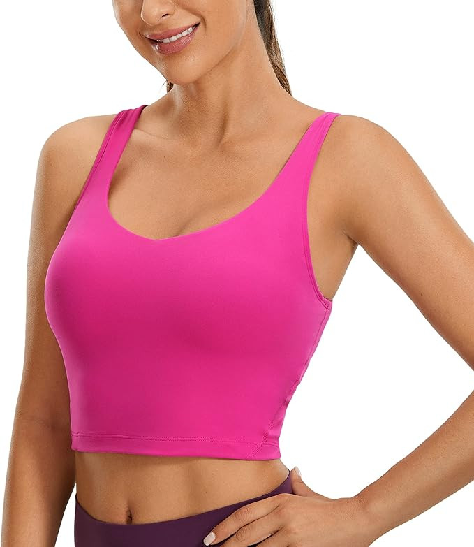 CRZ YOGA Butterluxe Womens V Neck Longline Sports Bra - U Back Padded Crop Workout Tank Tops with... | Amazon (US)